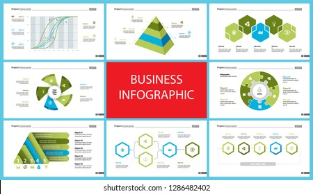 Business infographic design set can be used for workflow layout, presentation, annual report, web design. Marketing concept. Line chart, bar graph, comparison diagram, donut chart, process chart