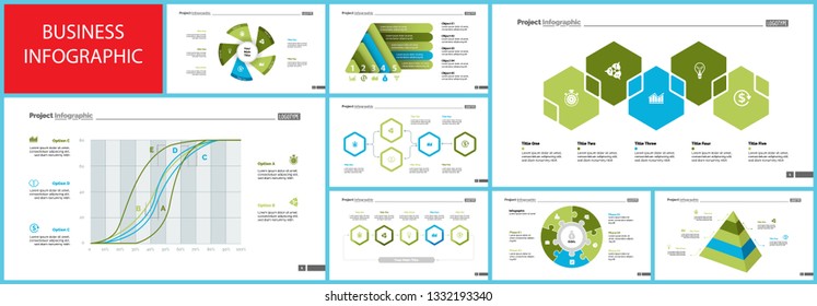 Business infographic design set can be used for workflow layout, presentation, annual report, web design. Marketing concept. Line chart, bar graph, comparison diagram, donut chart, process chart