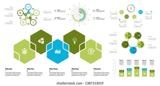 Business infographic design set can be used for workflow layout, presentation, annual report, web design. Marketing concept. Line chart, bar graph, comparison diagram, donut chart, process chart