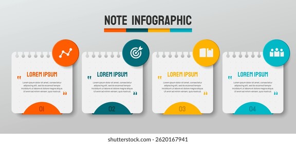 Conjunto de diseño de infografía de negocios. Papeles de notas con íconos y texto de Plantilla para la presentación y planificación de negocios. Elemento de diseño con 4 pasos. colección de Ilustración vectorial aislada sobre fondo