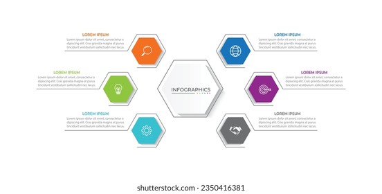 Business infographic design with six options. Vector thin line label with hexagons template.