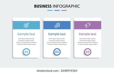  Template de conception infographique d'entreprise avec 3 options, pièces, étapes ou processus. Peut être utilisé pour la mise en page du workflow, le diagramme, les options numériques, le web design