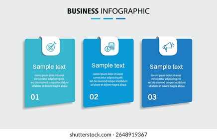  Template de conception infographique d'entreprise avec 3 options, pièces, étapes ou processus. Peut être utilisé pour la mise en page du workflow, le diagramme, les options numériques, le web design