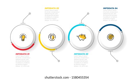 Business Infographic design template with 4 steps, options, label and marketing icons. Creative circle element. Vector illustration.
