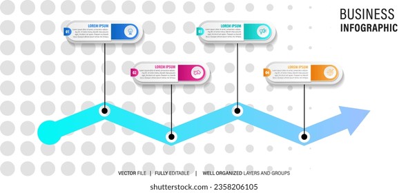 Plantilla de diseño de infografía empresarial con 4 opciones, pasos o procesos. Se puede utilizar para diseño de flujo de trabajo, diagrama, informe anual, diseño web