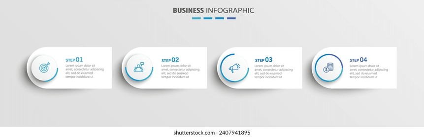 Plantilla de diseño de infografía empresarial con 4 opciones, pasos o procesos. Se puede utilizar para diseño de flujo de trabajo, diagrama, informe anual, diseño web