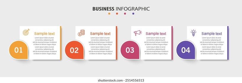 Modelo de design de infográfico de negócios com 4 opções, etapas ou processos. Pode ser usado para layout de fluxo de trabalho, diagrama, relatório anual, design da Web