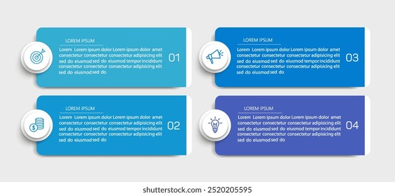 Modelo de design de infográfico de negócios com 4 opções, etapas ou processos. Pode ser usado para layout de fluxo de trabalho, diagrama, relatório anual, design da Web