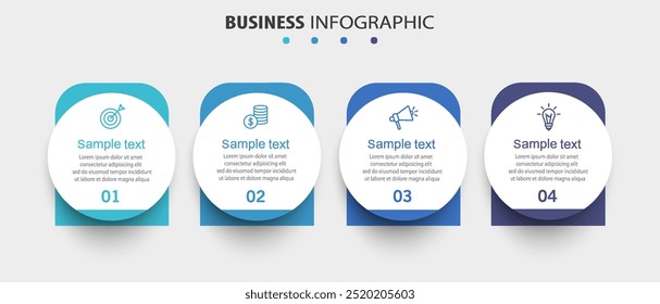 Plantilla de diseño de infografía empresarial con 4 opciones, pasos o procesos. Puede ser utilizado para el diseño del flujo de trabajo, diagrama, informe anual, Diseño web