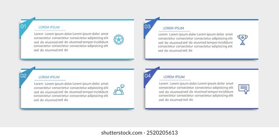 Modelo de design de infográfico de negócios com 4 opções, etapas ou processos. Pode ser usado para layout de fluxo de trabalho, diagrama, relatório anual, design da Web