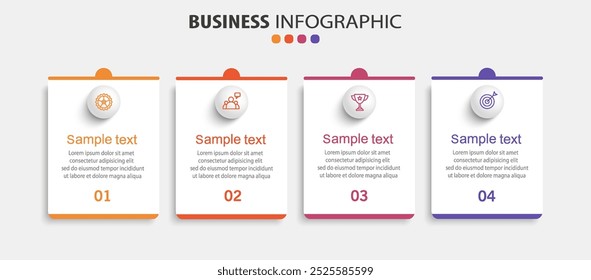 Modelo de design de infográfico de negócios com 4 opções, etapas ou processos. Pode ser usado para layout de fluxo de trabalho, diagrama, relatório anual, design da Web