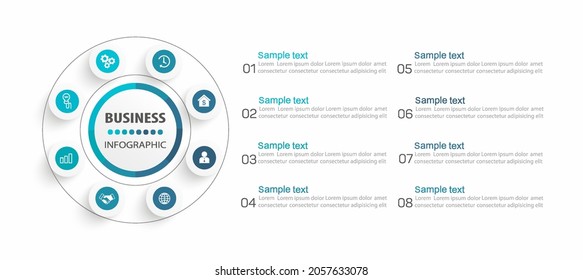 Business infographic design template with 8  options, steps or processes. Can be used for workflow layout, diagram, annual report, web design