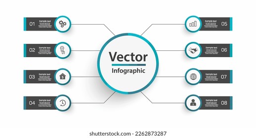 Plantilla de diseño de infografía empresarial con 8 opciones, pasos o procesos. Se puede utilizar para diseño de flujo de trabajo, diagrama, informe anual, diseño web