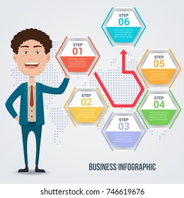Business infographic design template with editable elements and businessman