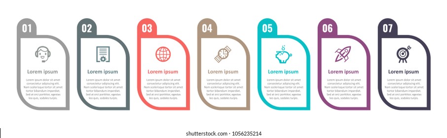 Business Infographic Design Template With Icons And 7 Options Or Steps.  Can Be Used For Process Diagram, Presentations, Workflow Layout, Banner, Flow Chart, Info Graph.