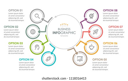 Business Infographic design template with icons and 8 options or steps.  Can be used for process diagram, presentations, workflow layout, banner, flow chart, info graph.