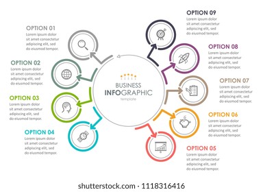 Business Infographic design template with icons and 9 options or steps.  Can be used for process diagram, presentations, workflow layout, banner, flow chart, info graph.