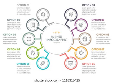 Business Infographic design template with icons and 10 options or steps.  Can be used for process diagram, presentations, workflow layout, banner, flow chart, info graph.