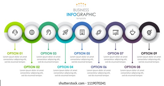 Business Infographic Design Template With Icons And 9 Options Or Steps.  Can Be Used For Process Diagram, Presentations, Workflow Layout, Banner, Flow Chart, Info Graph.