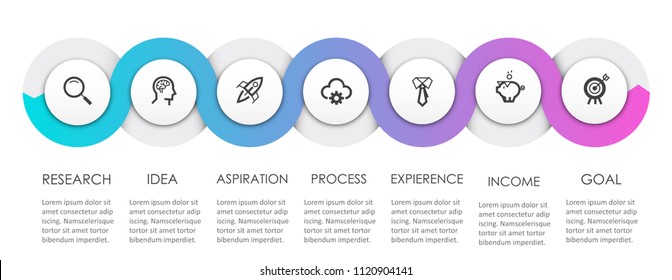 Business Infographic Design Template With Icons And 7 Options Or Steps.  Can Be Used For Process Diagram, Presentations, Workflow Layout, Banner, Flow Chart, Info Graph.