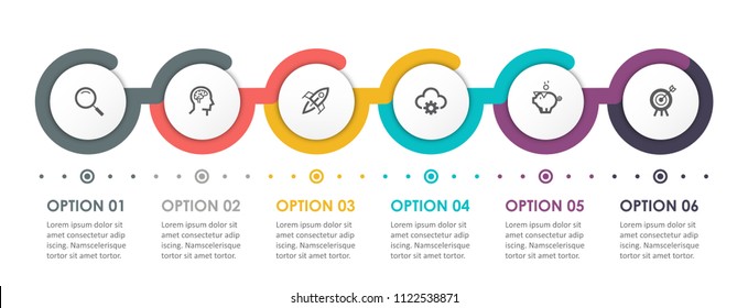 Business Infographic Design Template With Icons And 6 Options Or Steps.  Can Be Used For Process Diagram, Presentations, Workflow Layout, Banner, Flow Chart, Info Graph.