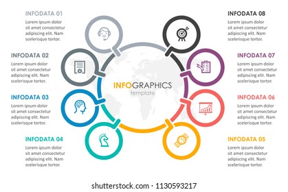 Business Infographic design template with icons and 8 options or steps.  Can be used for process diagram, presentations, workflow layout, banner, flow chart, info graph.