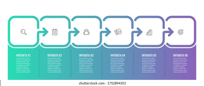 Business infographic design template with icons. Timeline with 6 options, steps, arrows. 