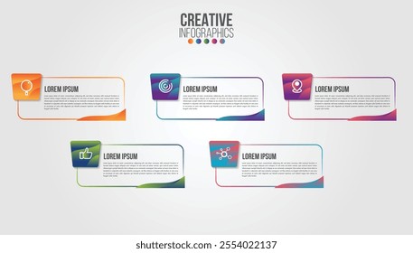 Business Infographic design template with icons and 5 numbers options or steps. Can be used for process presentations, workflow layout, diagram, banner, flow chart, info graph.