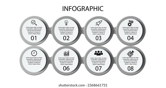 Business Infographic Design Template. minimal Timeline design with 9 steps, options and marketing icons. Vector linear infographic with nine circle connected elements. Can be used for your presentatio