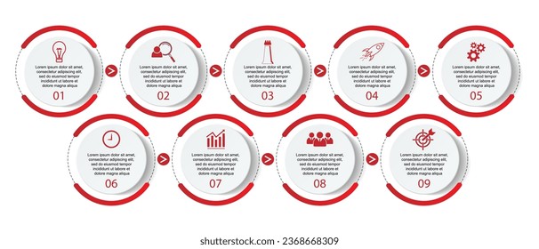 Business Infographic Design Template. minimal Timeline design with 9 steps, options and marketing icons. Vector linear infographic with nine circle connected elements. Can be used for your presentatio