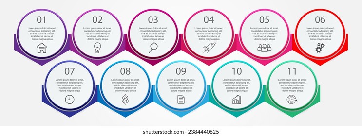 Business Infographic Design Template. minimal Timeline design with 11 steps, 
options and marketing icons. Vector linear infographic with eleven circle connected elements. great for presentations