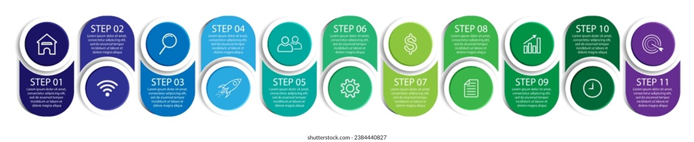 Business Infographic Design Template. minimal Timeline design with 11 steps, 
options and marketing icons. Vector linear infographic with eleven circle connected elements. great for presentations