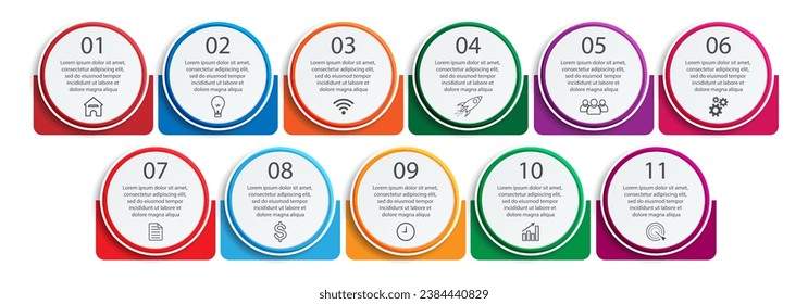 Business Infographic Design Template. minimal Timeline design with 11 steps, 
options and marketing icons. Vector linear infographic with eleven circle connected elements. great for presentations