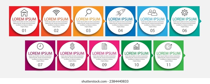Business Infographic Design Template. minimal Timeline design with 11 steps, 
options and marketing icons. Vector linear infographic with eleven circle connected elements. great for presentations
