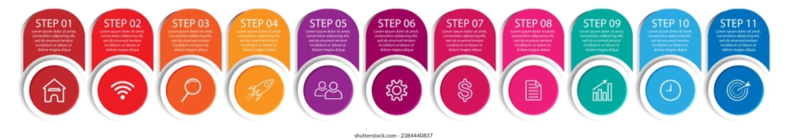 Business Infographic Design Template. minimal Timeline design with 11 steps, 
options and marketing icons. Vector linear infographic with eleven circle connected elements. great for presentations