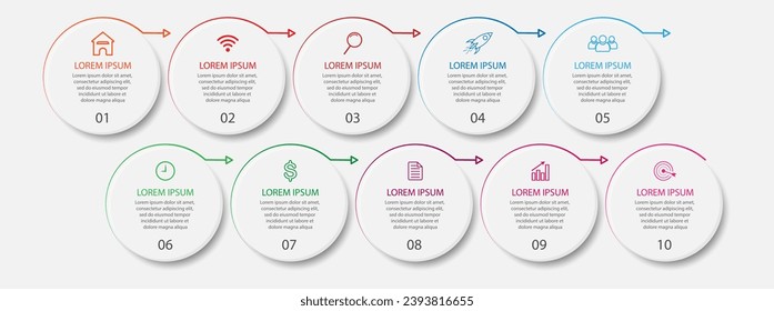 Business Infographic Design Template. minimal Timeline design with 10 steps, options and marketing icons. Vector linear infographic with ten circle connected elements. good for your business