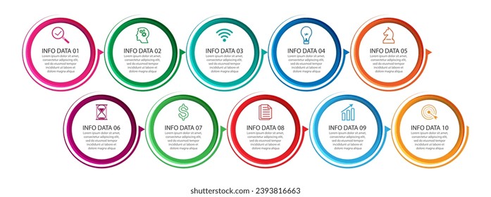 Plantilla de diseño de Infografía Empresarial. diseño de línea de tiempo mínimo con 10 pasos, opciones e iconos de marketing. Infografía lineal vectorial con diez elementos conectados en círculo. bueno para su negocio