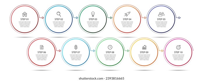 Plantilla de diseño de Infografía Empresarial. diseño de línea de tiempo mínimo con 10 pasos, opciones e iconos de marketing. Infografía lineal vectorial con diez elementos conectados en círculo. bueno para su negocio