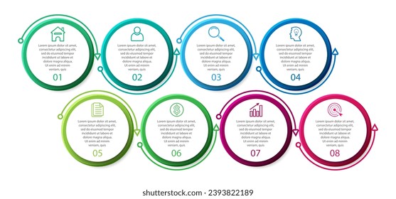 Business Infographic Design Template. minimal Timeline design with 8 steps, options and marketing icons. used as a system flow diagram, your business presentation