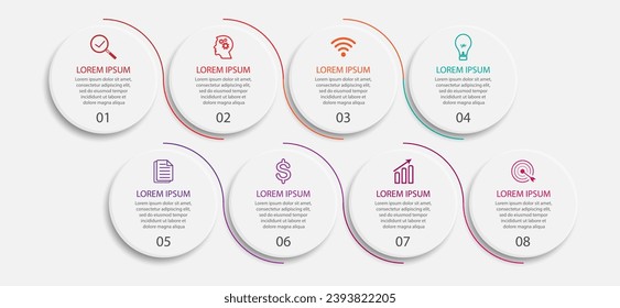 Business Infographic Design Template. minimal Timeline design with 8 steps, options and marketing icons. used as a system flow diagram, your business presentation