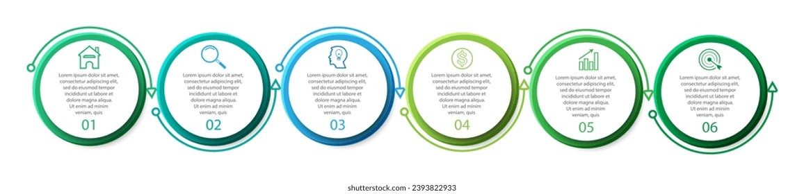 Business Infographic Design Template. minimal Timeline design with 6 steps, options and marketing icons. used as a system flow diagram, your business presentation