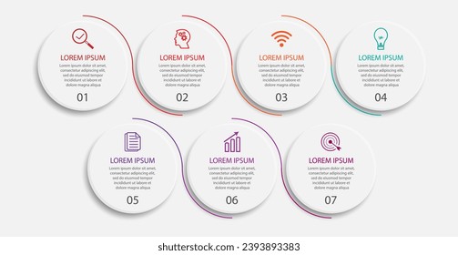 Business Infographic Design Template. minimal Timeline design with 7 steps or choices, options, numbers and marketing icons. used as a system flow diagram, your business presentation