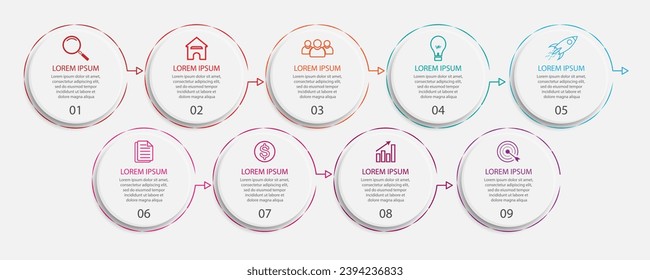 Plantilla de diseño de Infografía Empresarial. diseño mínimo con 9 pasos o opciones, opciones, números e iconos de marketing. utilizado como diagrama de flujo de sistemas y para sus presentaciones empresariales