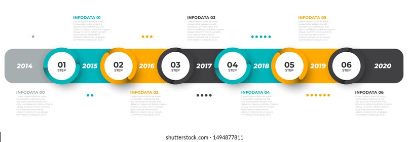 Business infographic design template Timeline with 6, 7 options, year. History concept for business process steps. Can be used for workflow layout, diagram, annual report, presentations.