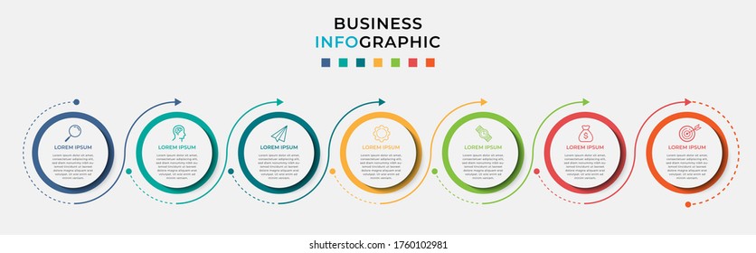 Business Infographic Design Template Vector With Icons And 7 Seven Options Or Steps. Can Be Used For Process Diagram, Presentations, Workflow Layout, Banner, Flow Chart, Info Graph