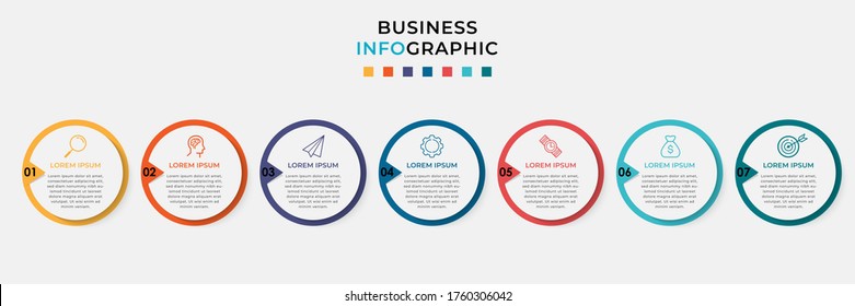 Business Infografische Design-Vorlage Vektor mit Symbolen und 7 Optionen oder Schritte. Kann für Prozessdiagramm, Präsentationen, Workflow-Layout, Banner, Flussdiagramm, Info-Graphen verwendet werden