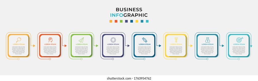 Business Infographic design template Vector with icons and 8 eight options or steps. Can be used for process diagram, presentations, workflow layout, banner, flow chart, info graph