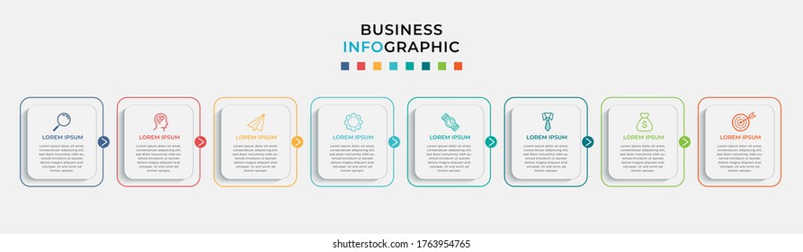 Business Infographic design template Vector with icons and 8 eight options or steps. Can be used for process diagram, presentations, workflow layout, banner, flow chart, info graph