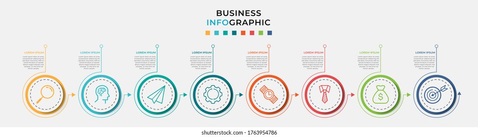 Business Infographic design template Vector with icons and 8 eight options or steps. Can be used for process diagram, presentations, workflow layout, banner, flow chart, info graph