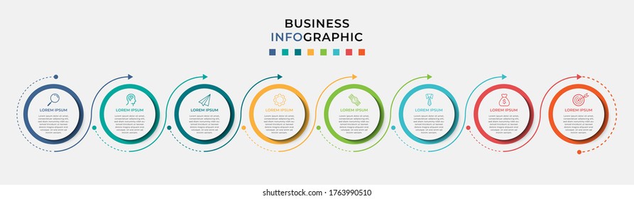 Business Infographic design template Vector with icons and 8 eight options or steps. Can be used for process diagram, presentations, workflow layout, banner, flow chart, info graph